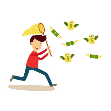 Happy laughing man running after flying money with butterfly net, cartoon vector illustration isolated on white background. Funny comic style man trying to catch flying money with butterfly net