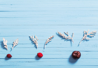 Reindeer face made of leaves on wooden background