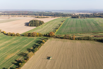 Fototapeta premium aerial view of the tractor on the harvest field
