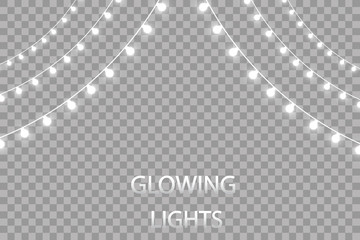 Glowing lights for holidays. Transparent glowing garland. White glowing lights for greeting card design. Garlands, Christmas decorations

