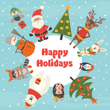 holiday card with Christmas characters - vector illustration, eps
