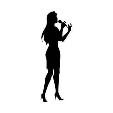 recommend clip art: vector woman caucasian portrait full lenght silhouette singing with microphone. Isolated illustration on white background. Karaoke club design logo elements