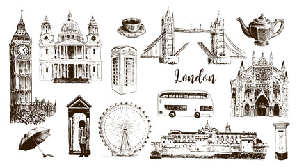 London symbols: Big Ben, Tower Bridge, bus, guardsman, mail box, call box. St. Paul Cathedral, tea, umbrella, westminster.