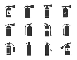 fire extinguisher icons set isolated on white background - obrazy, fototapety, plakaty