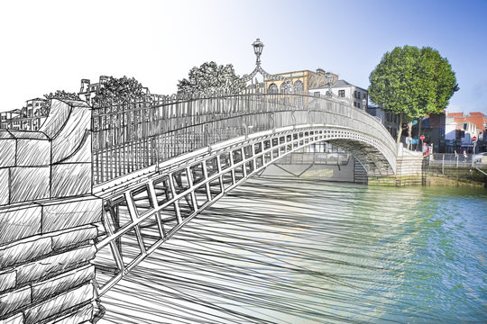 The most famous bridge in Dublin called "Half penny bridge" due to the toll charged for the passage - freehand sketch concept image