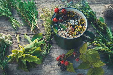 Healthy herbal tea in enameled mug and bunches of healing herbs. Herbal medicine. Retro toned.
