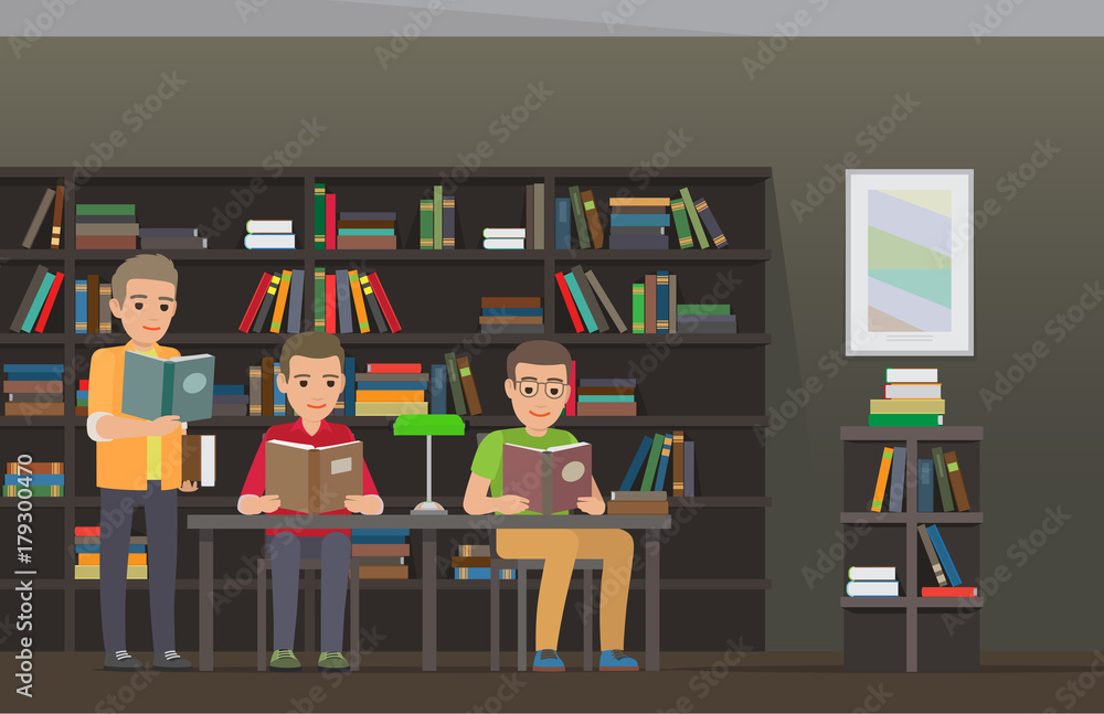 Poster students reading textbooks in library flat vector