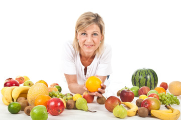 Fruits and blond cute woman