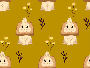 Seamless rabbit and flower pattern isolated on background. Vector illustration