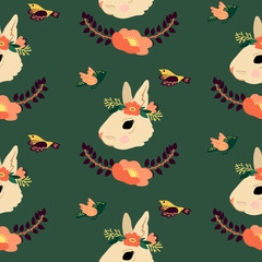 Seamless rabbit and flower pattern isolated on background. Vector illustration