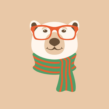 polar bear face in glasses vector illustration flat