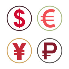 Dollar, euro, pound and yen currency vector signs with flat colored circle backdrops isolated on white background for app icon or website decoration