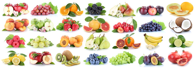 Früchte Frucht Obst Collage frische Apfel Orange Kirschen Beeren Freisteller freigestellt isoliert