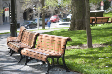 park benches in springtime