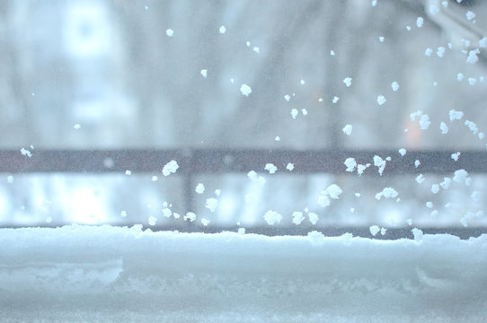 Snowbound Window Close-up, Indoor. Seasonal Winter Weather Conditions. Snowy Winter Background