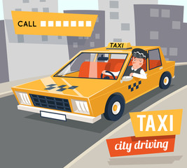 Cab taxi driver cartoon retro car city driving street backgorund vector illustration