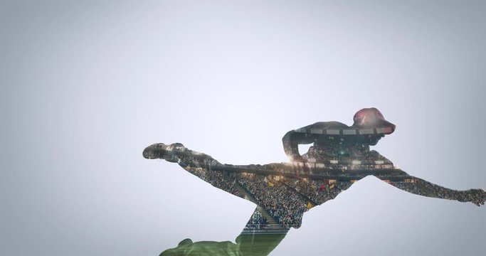 Cricket player multi exposed with professional cricket stadium.  The stadium is made in 3D with no existing references.