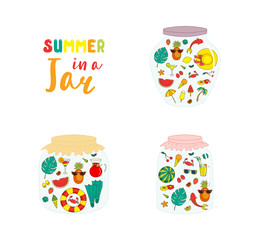 Set of hand drawn glass jars with cute cartoon summer objects, with text. Isolated objects on white background. Design concept for kids, greeting card, motivational poster. Vector illustration.