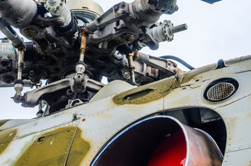 Fastening of helicopter blades. Mount helicopter propeller close-up