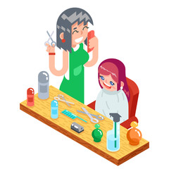 Isometric children teenager hairdresser character cute little girl and female master haircuts icon flat design concept template vector Illustration