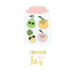 Hand drawn vector illustration of funny cartoon fruits: pear, orange, pineapple, in a glass jar, with text Summer in a jar. Isolated objects on white background. Design concept kids, greeting card.