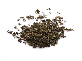 Green tea leaves isolated on white background