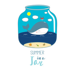 Hand drawn vector illustration of cute funny cartoon whale and crab swimming in a glass jar, with text Summer in a jar. Isolated objects on white background. Design concept kids, greeting card, poster