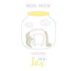 Hand drawn vector illustration of a cute funny cartoon unicorn in a glass jar, with text Magical present. Isolated objects on white background. Design concept kids, greeting card, motivational poster.