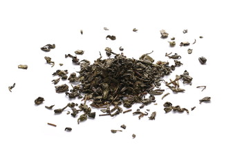 Green tea leaves isolated on white background