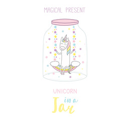 Hand drawn vector illustration of a cute funny cartoon unicorn in a glass jar, with text Magical present. Isolated objects on white background. Design concept kids, greeting card, motivational poster.