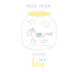Hand drawn vector illustration of a cute funny cartoon unicorn in a glass jar, with text Magical present. Isolated objects on white background. Design concept kids, greeting card, motivational poster.