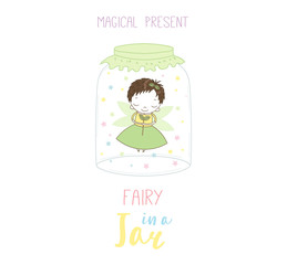 Hand drawn vector illustration of a cute funny cartoon fairy in a glass jar, with text Magical present. Isolated objects on white background. Design concept kids, greeting card, motivational poster.