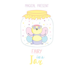 Hand drawn vector illustration of a cute funny fairy panda in a glass jar, with text Magical present. Isolated objects on white background. Design concept kids, greeting card, motivational poster.