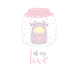 Hand drawn vector illustration of a cute funny cartoon monster with a heart in a glass jar, with text All my love. Isolated objects on white background. Design concept kids, card, motivational poster.