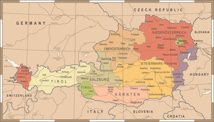 Fototapeta na wymiar Austria Map - Vintage Vector Illustration