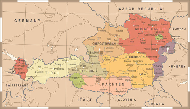Austria Map - Vintage Vector Illustration