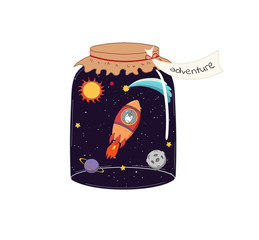 Naklejka premium Hand drawn vector illustration of a cute funny unicorn flying in a rocket in outer space, in a glass jar with label Adventure. Isolated objects on white background. Design concept kids, card, poster.