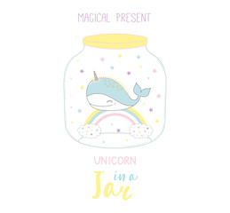 Hand drawn vector illustration of a cute funny cartoon whale unicorn in a glass jar, text Magical present. Isolated objects on white background. Design concept kids, greeting card, motivational poster