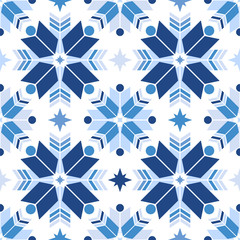 Vector seamless pattern of geometric snowflakes. Nordic pattern in shades of blue color. - 179306471