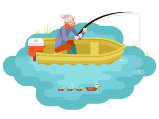 Lake Fishing Adult Fisherman with Fishing Rod Boat Birds Isolated Concept Character Isometric Icon Flat Design Template Vector Illustration