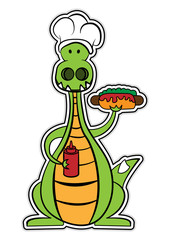 a dragon in a chef's hat, green lizard eats hot dog, vector image, flat design, a colorful sticker, outline style
