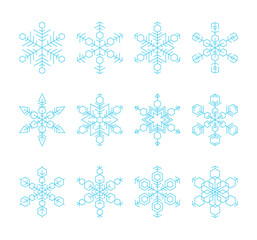 Set of blue hexagonal snowflakes isolated on white background. Vector eps10