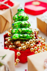 Christmas and New Year background with presents and decorations.