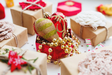 Christmas and New Year background with presents and decorations.