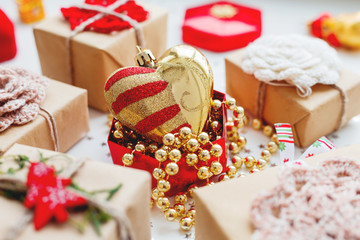 Christmas and New Year background with presents and decorations.