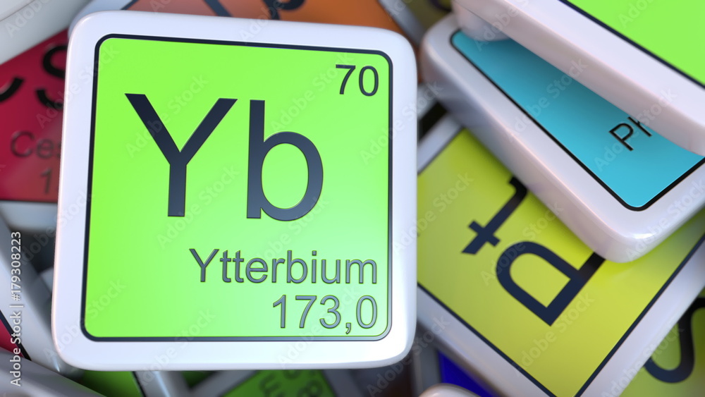 Poster ytterbium yb block on the pile of periodic table of the chemical elements blocks. 3d rendering