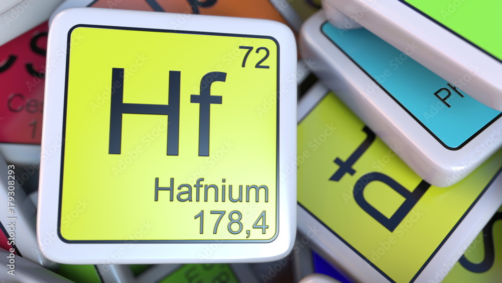 Poster hafnium hf block on the pile of periodic table of the chemical elements blocks. 3d rendering