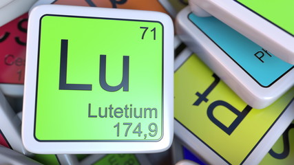 Lutetium Lu block on the pile of periodic table of the chemical elements blocks. 3D rendering