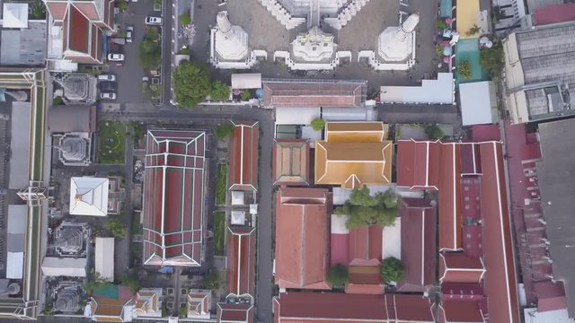 Aerial view of Wat Phra That Hariphunchai pagoda temple important religious traveling destination in Lamphun province northern of Thailand. icture high resolution on helicopter