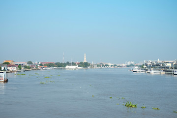 Historic city and life in Chao Phraya river in Bangkok, Thailand